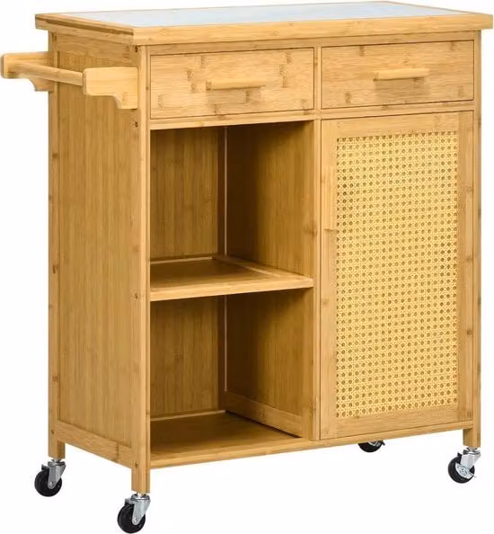 Carrello da cucina con cassetti, pannelli aperti, tavolo da servizio, vassoio di stoccaggio con holder per asciugamani, tavolo da pranzo in vetro, bambù, naturale, 84 x 36 x 85 cm.