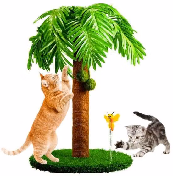 Ibenzoa® Albero per gatti, altezza 78 cm – Design a tema palme, colonna rivestita in sisal, 2 palline appese e un giocattolo con piume, base in legno robusta, adatto a gatti di tutte le dimensioni