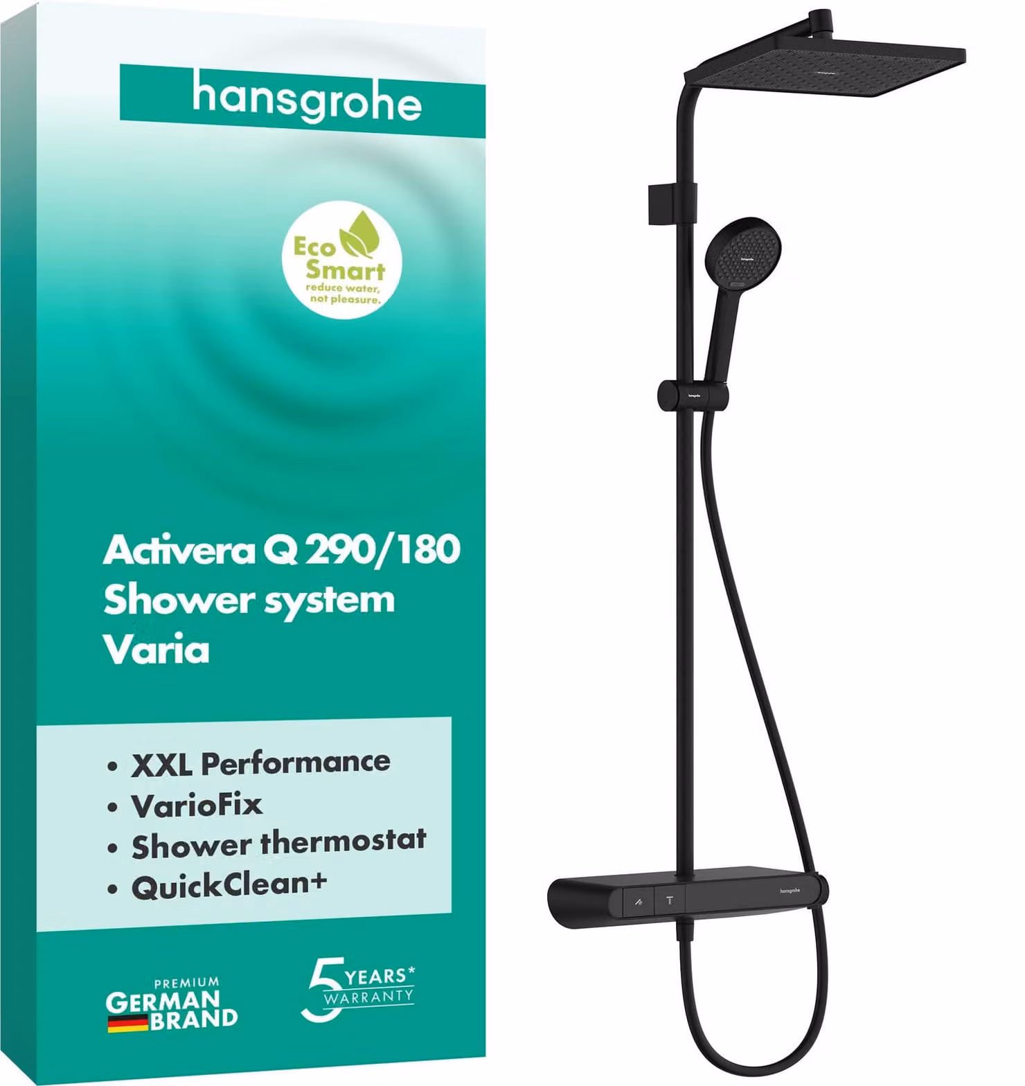 Sistema doccia Activera Q con termostato, tecnologia EcoSmart, finitura nero opaco