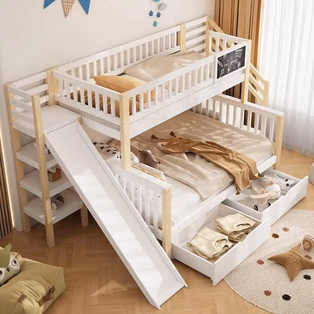 Letto a castello per bambini - Xylo - 140x200 cm e 90x200 cm - Bianco - Multifunzionale con lavagna