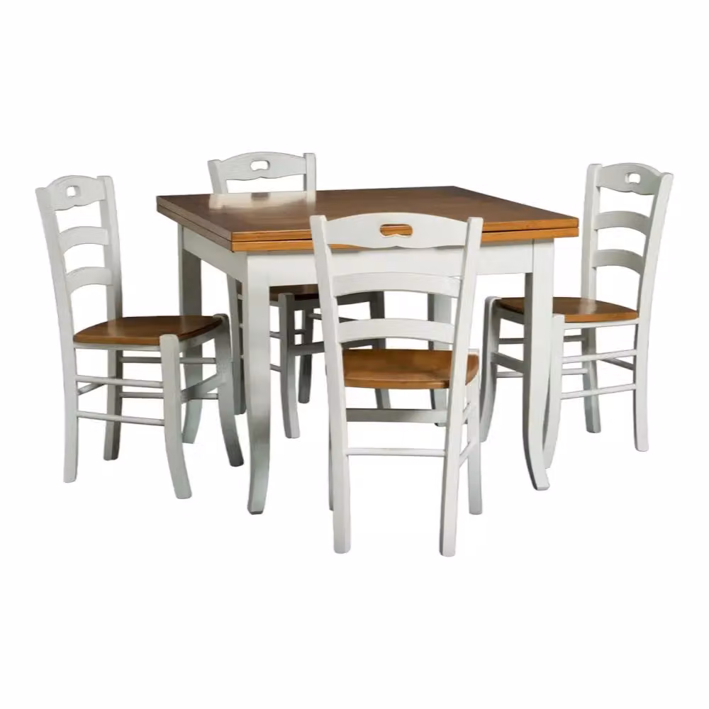 Set tavolo allungabile in legno bicolore bianco e marrone con 4 sedie in legno Mobili 2G L/P/H: 80 x 80 x 76 cm