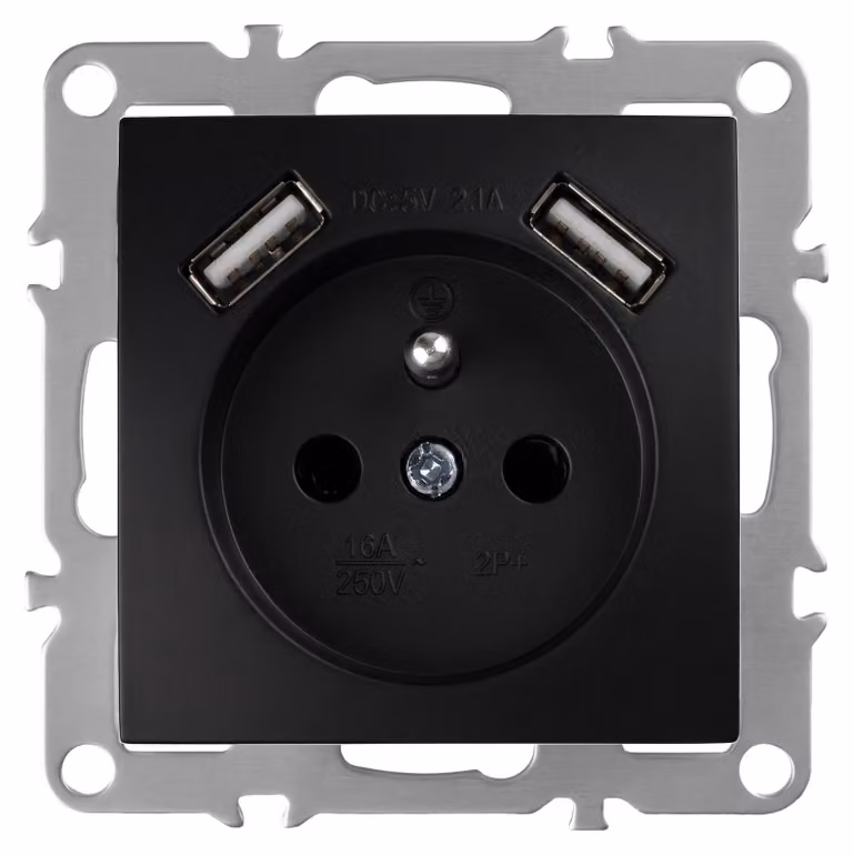 Presa Singola Con Messa A Terra Toolight Jnh003-G + 2X Usb-A Black