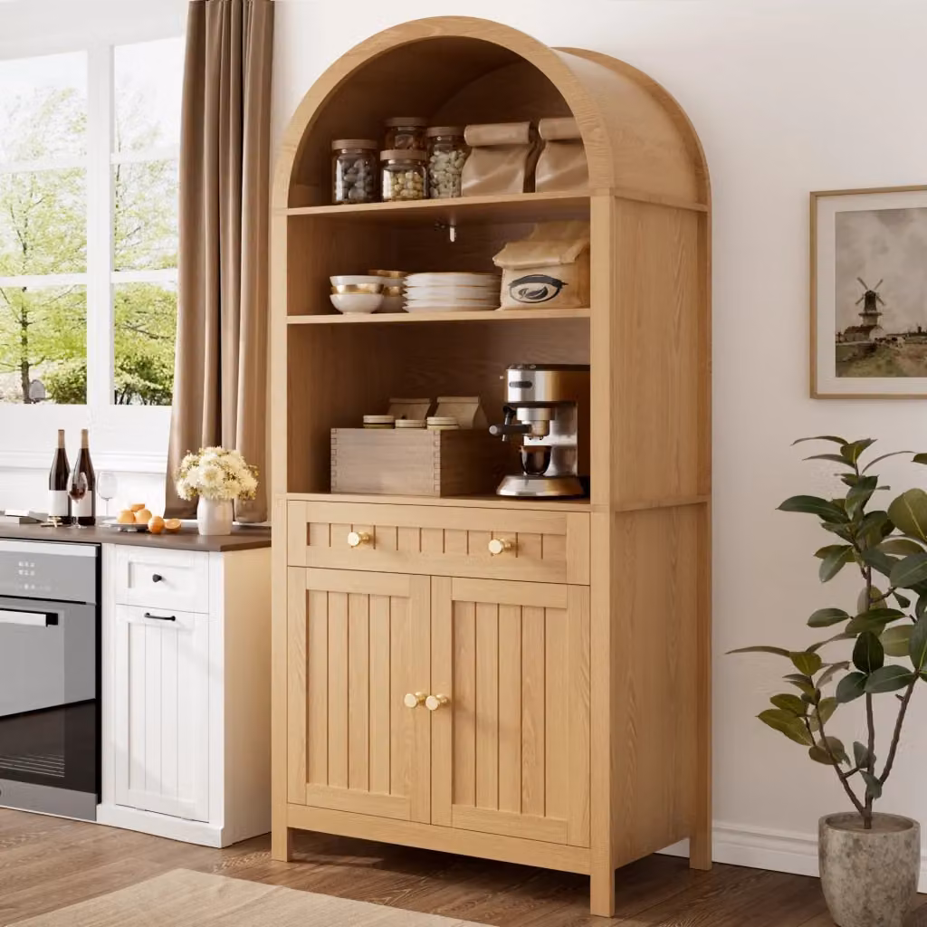 Mobile contenitore alto in legno marrone con apertura ad arco, ripiano aperto, cassetto e doppie ante, L: 76 cm, P: 40 cm, H: 180 cm – 2