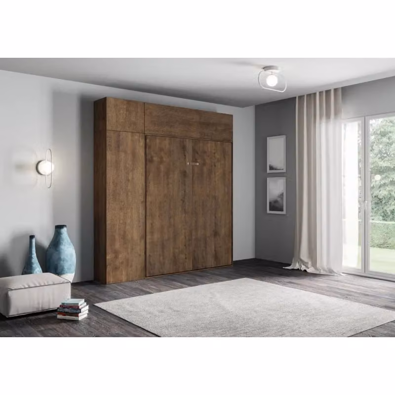 Letto a scomparsa verticale Kentaro Itamoby con colonna e pensili, colore Noce/Marrone, L/P/H: 140 x 200 cm – 2