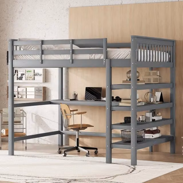 Letto a Soppalco con Scrivania e Ripiani ¨C MINIMAL ¨C Grigio 140x200