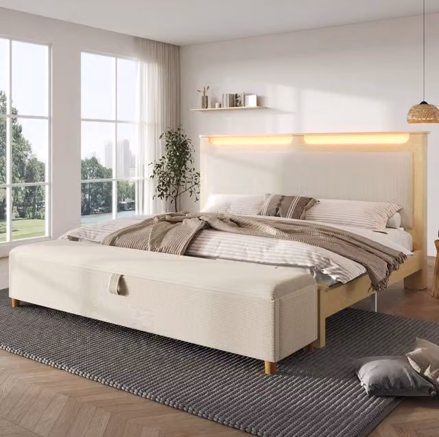 Letto matrimoniale 180x200 cm con testiera LED e panca contenitore beige in velluto a coste