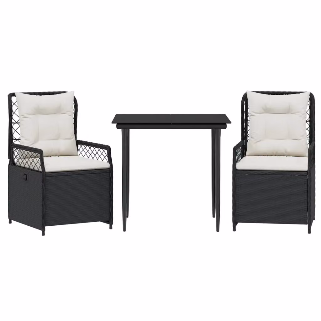 Set da Pranzo da Giardino 3 pz vidaXL in Polyrattan Nero con Cuscini e Tavolo in Vetro – 2