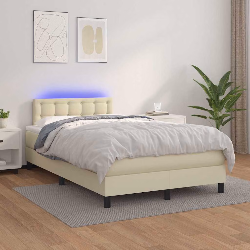 Letto con giroletto a molle, materasso ibrido e illuminazione LED vidaXL, color beige, L/P/H: 120 x 200 cm