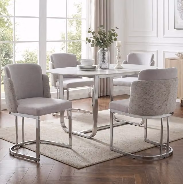 Set di 4 sedie da pranzo in ciniglia grigio e argento con gambe metalliche