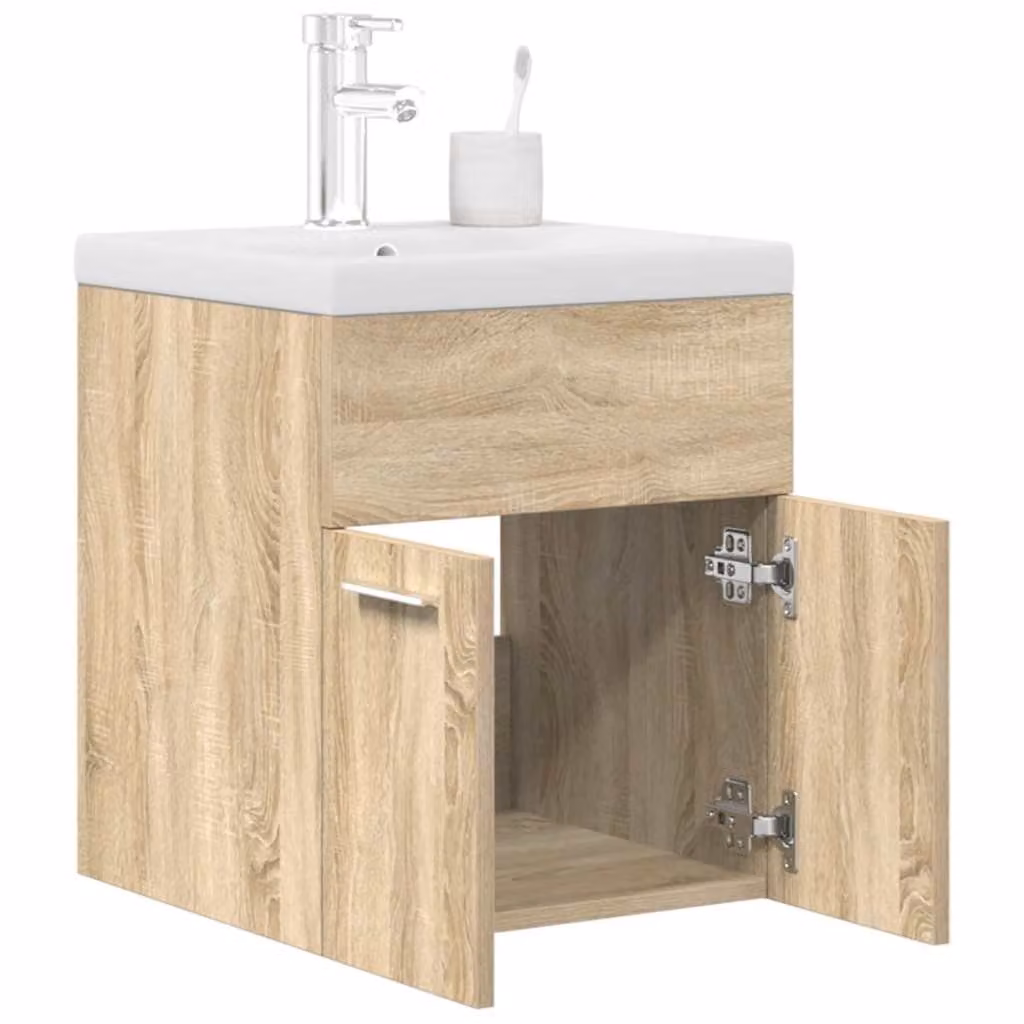 Mobile da bagno sospeso vidaXL con lavabo integrato e rubinetto, Rovere Sonoma e Bianco, L: 46,0 cm, P: 38,5 cm, H: 41,0 cm