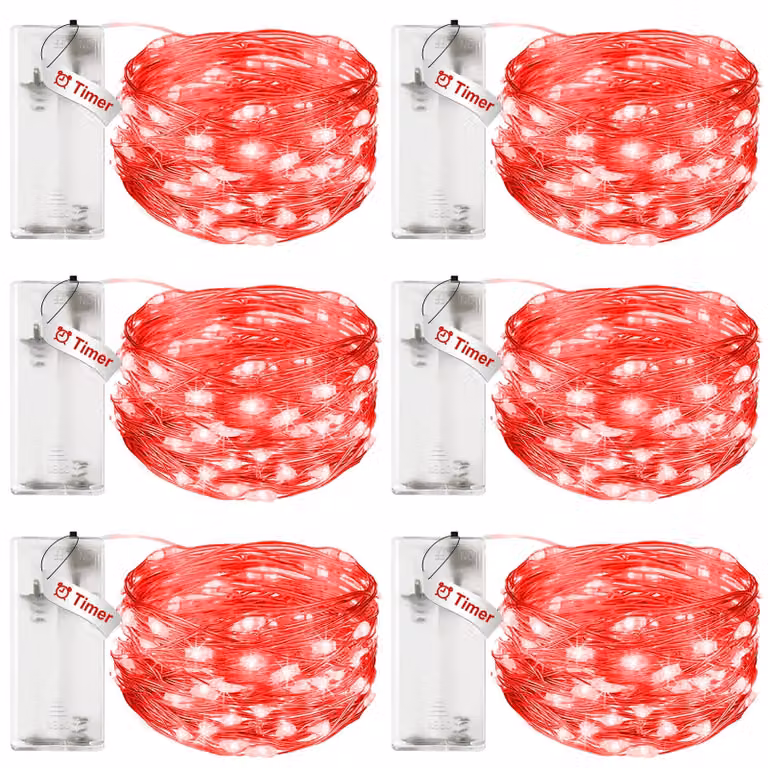 Catena luminosa da 3 metri, con 30 LED, timer, impermeabile, filo di rame, confezione da 6 pezzi, colore rosso