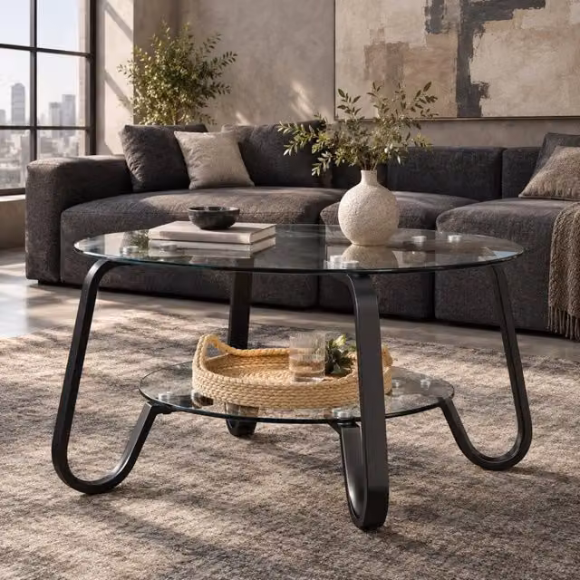 Tavolino da salotto rotondo ULEVR 90,5 x 89 x 10,5 cm a 2 livelli in vetro e metallo nero