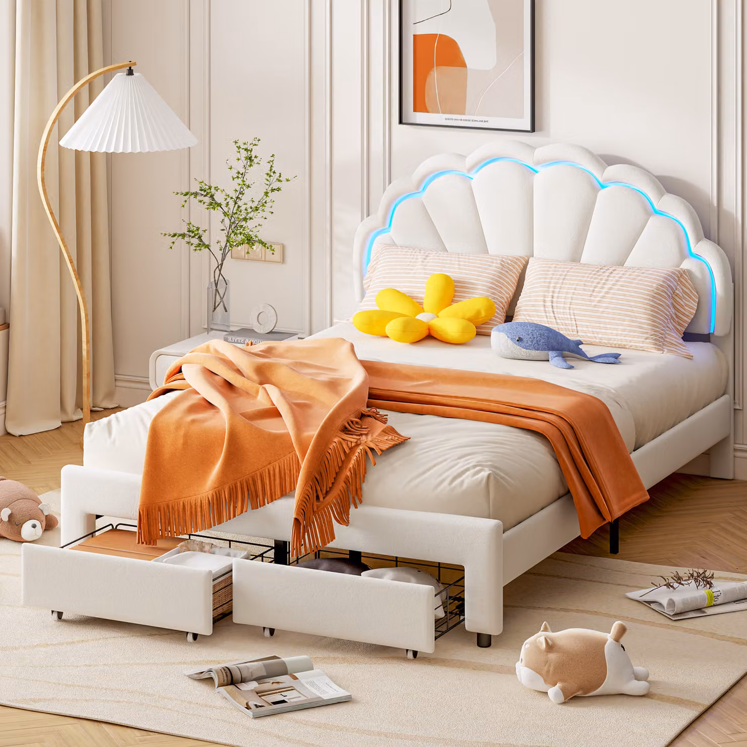 Letto imbottito ProximaX 140x200cm con 2 cassetti, letto matrimoniale letto giovanile con rete a doghe, letto in legno letto contenitore letto classico, velluto, bianco