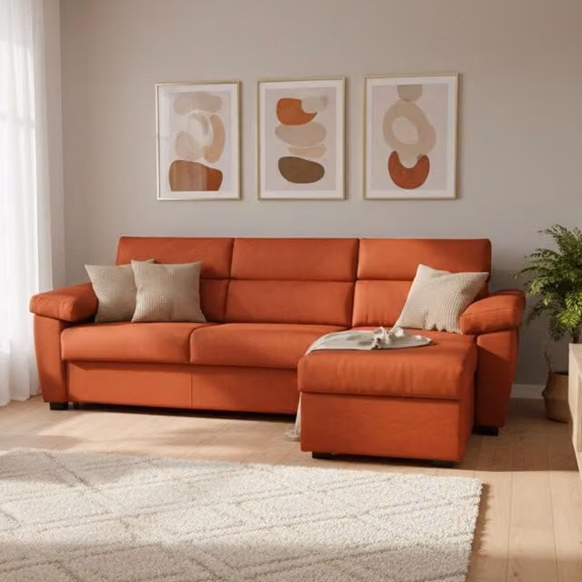 Divano Letto con Penisola Sfoderabile DMORA Made in Italy, Arancione, L/P/H: 285 x 160 cm