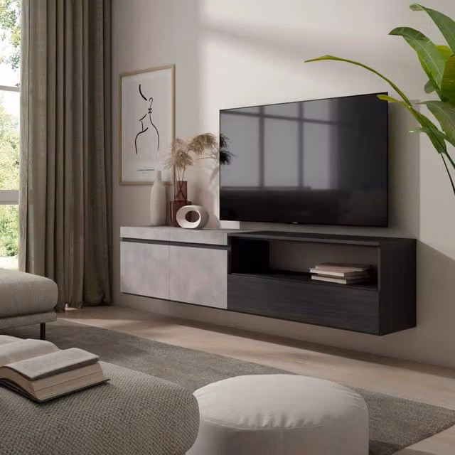 Mobile TV, 200x35x45cm, soggiorno, Per TV fino a 80", da appendere, grigio cemento RF2246