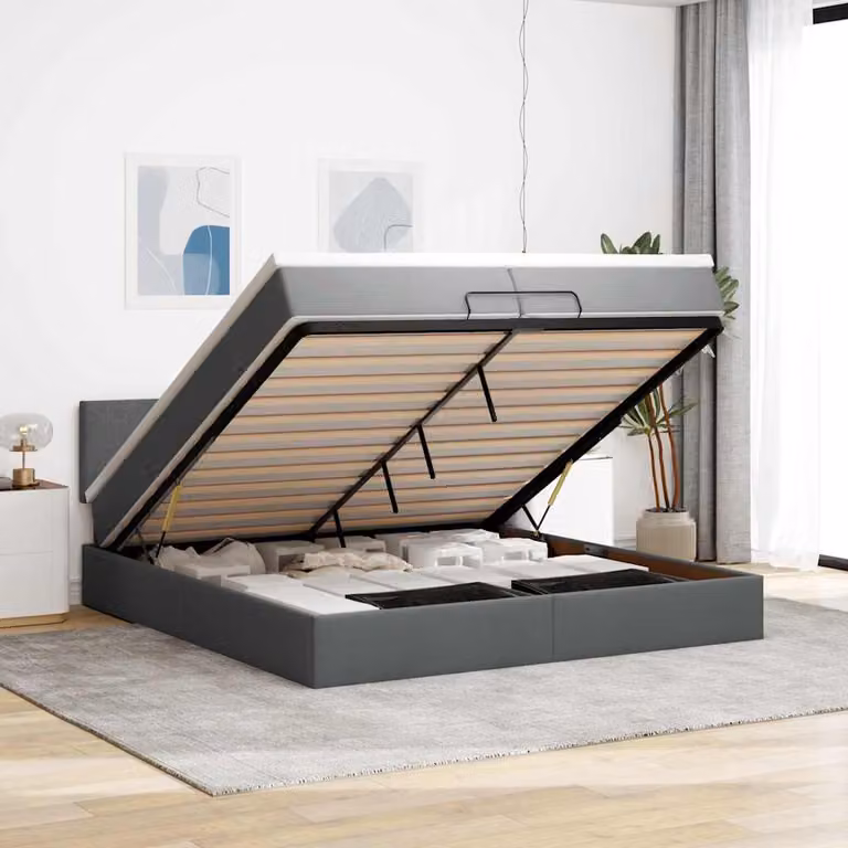 Struttura Letto con Contenitore a Sollevamento e Materasso vidaXL in Tessuto Grigio e Bianco, L/P/H: 200 x 200 x 280 cm