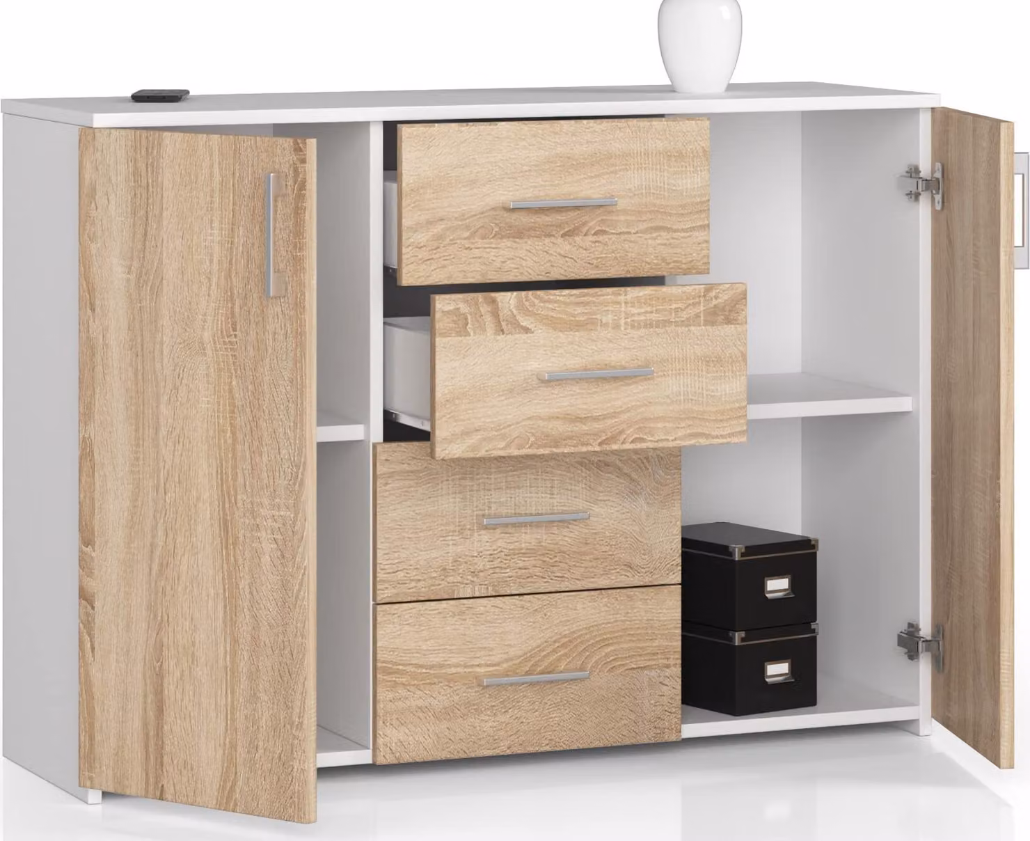 Cassettiera con 4 cassetti e 2 ante, 110x80x35, soggiorno, bianco/rovere Sonoma