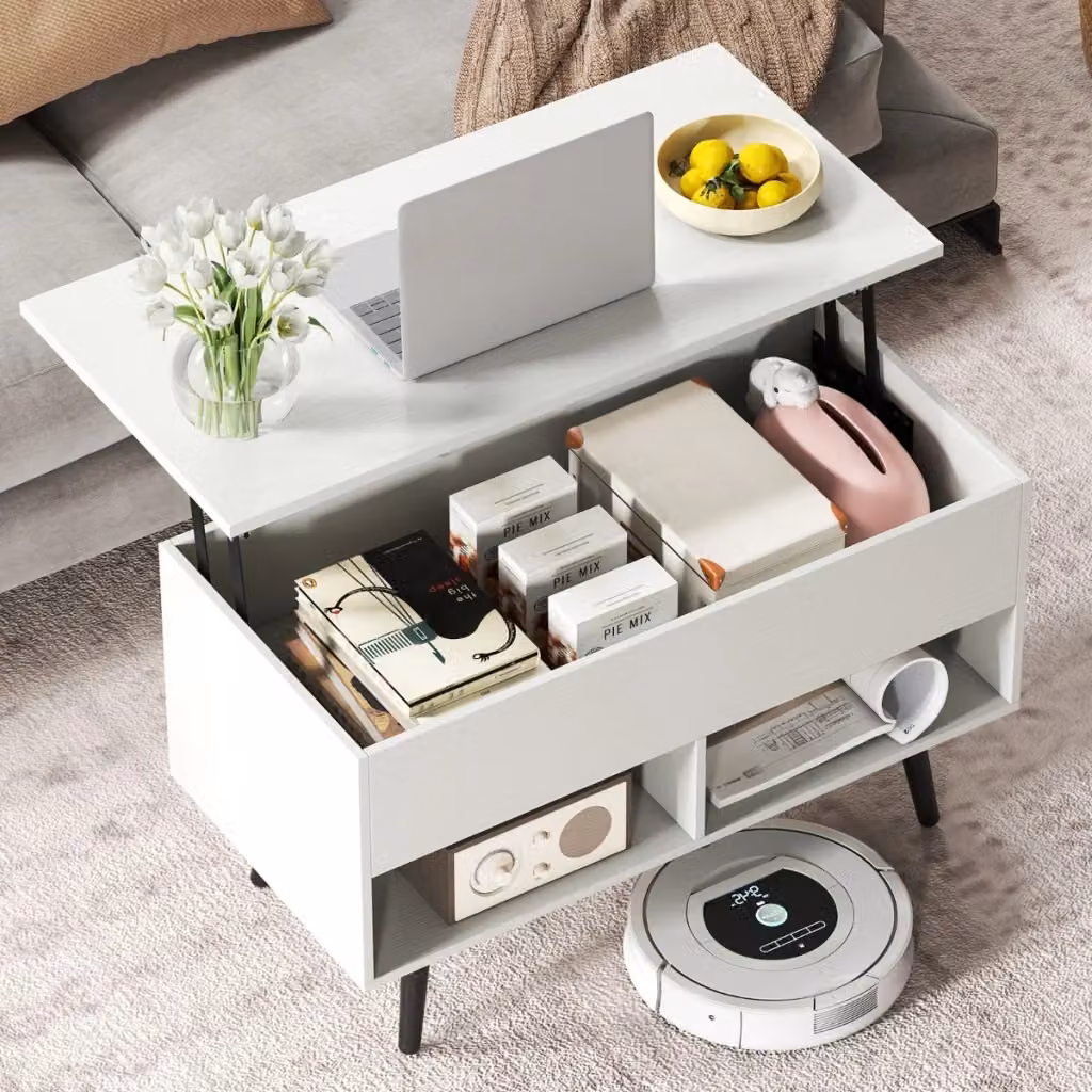 Tavolino da soggiorno moderno Design Mania in legno e metallo bianco con meccanismo lift e scomparto nascosto L/P/H: 80 x 60 x 40 cm – 2