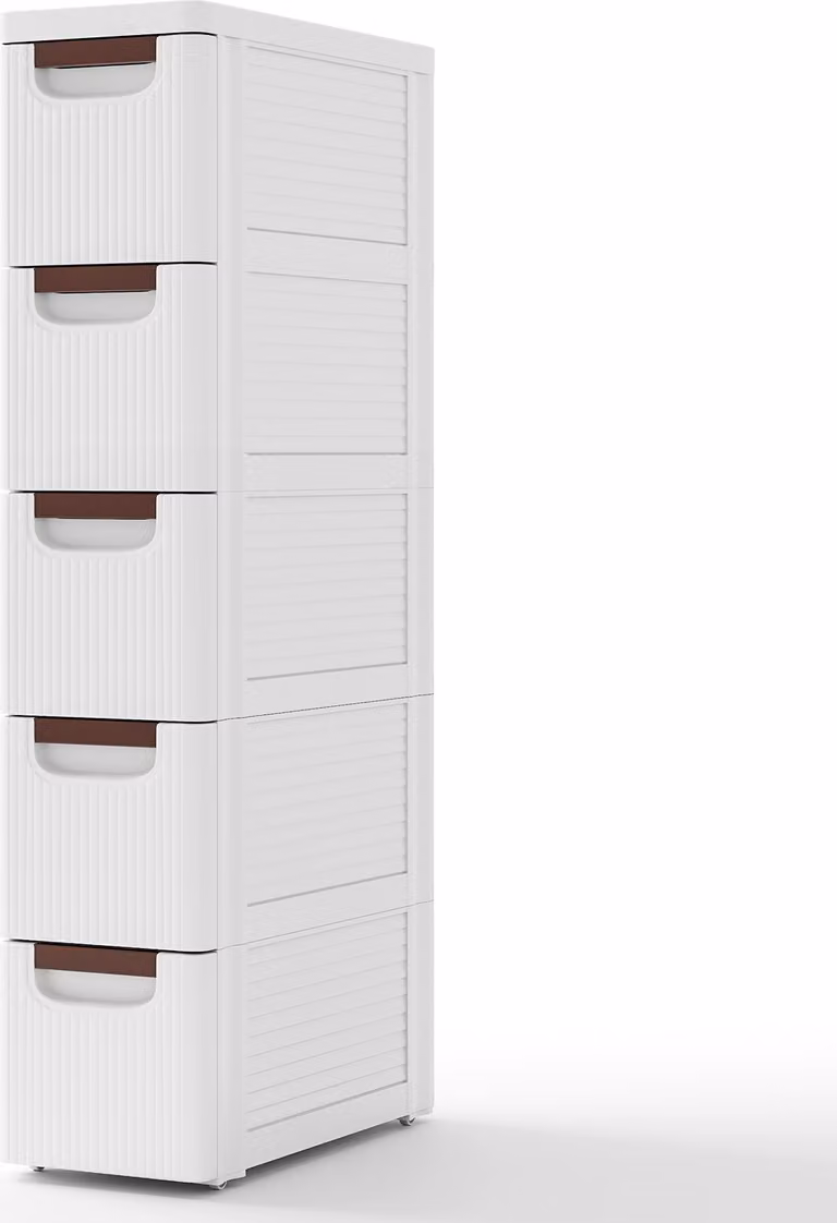COSTWAY Armadio stretto per piccoli spazi, mobile organizzatore con 3/4/5/6 cassetti e ruote integrate, carrello in plastica bianca