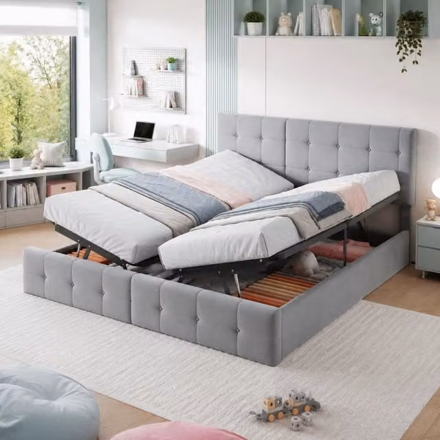 Letto evolutivo Mivray divisibile in due letti con contenitore idraulico imbottito in velluto grigio L/P/H: 180 x 200 x 105 cm