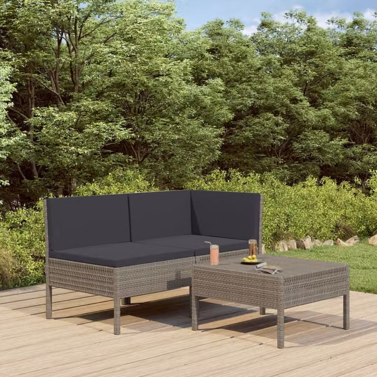 The Living Store Set da giardino 3 pezzi con cuscini in poly rattan grigio