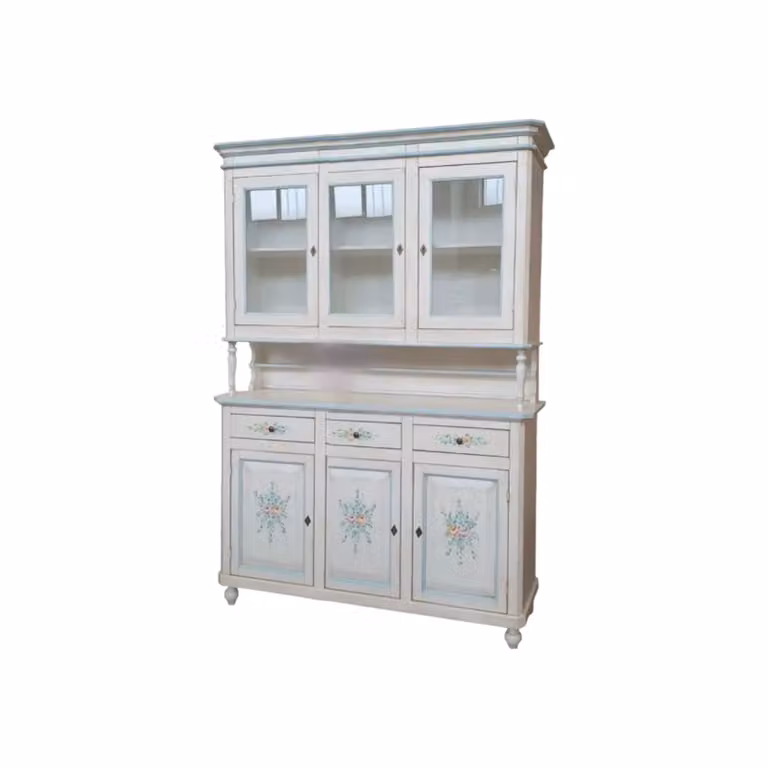 Cristalliera Mobili 2G in legno di pino stile shabby chic con ante in vetro e decori floreali azzurri, colore bianco, L: 150 cm, P: 43 cm, H: 208 cm