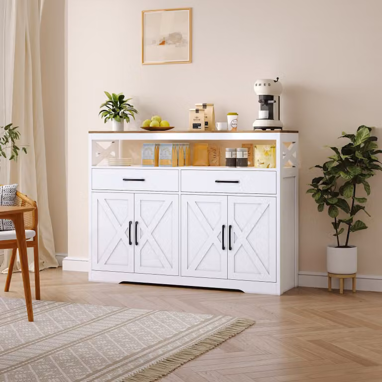 UnboxG Mobile buffet moderno bianco, credenza, cassetti e vano a giorno, mobile contenitore per cucina sala da pranzo soggiorno, bianco, 140x40x105 cm