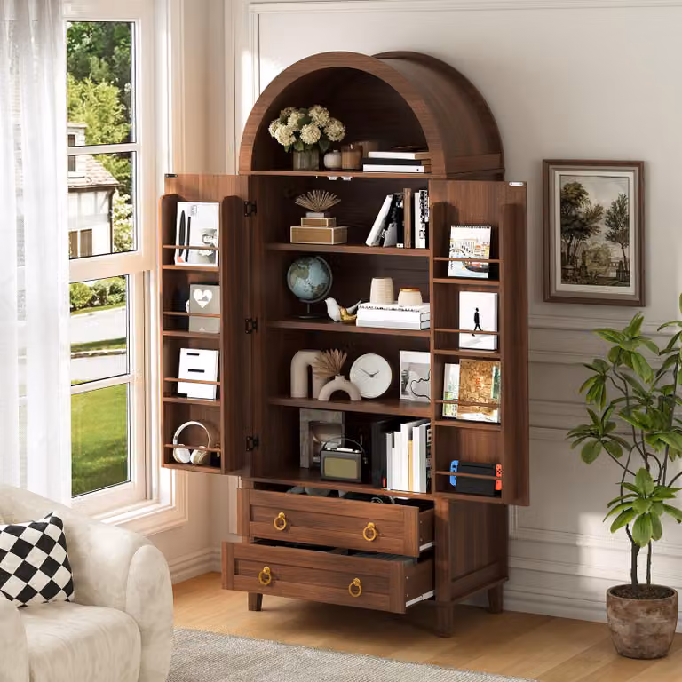 Armadio a giorno con ante doppie in rattan, due cassetti, mobile contenitore con illuminazione LED dimmerabile controllata tramite app, credenza da cucina, finitura noce