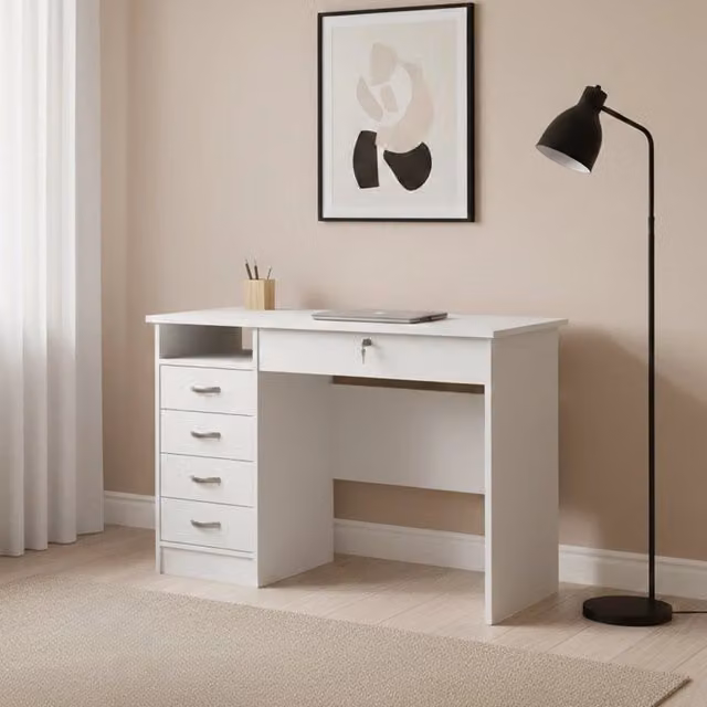 Scrivania Amor DMORA con 3 cassetti bianca moderna L: 109.3 cm, P: 48.5 cm, H: 75.6 cm