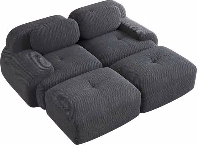 Divano 2 posti in tessuto a coste grigio, modulare e senza telaio con braccioli ergonomici e imbottitura ad alta elasticità