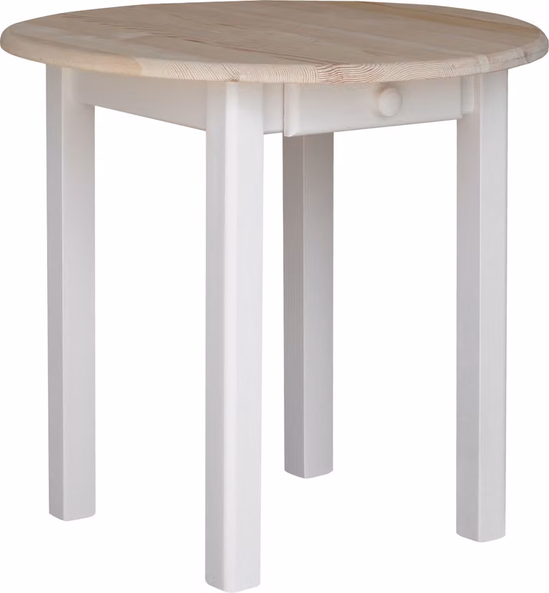 Tavolo rotondo bianco con cassetto in legno di pino massiccio con piano non laccato 90 cm