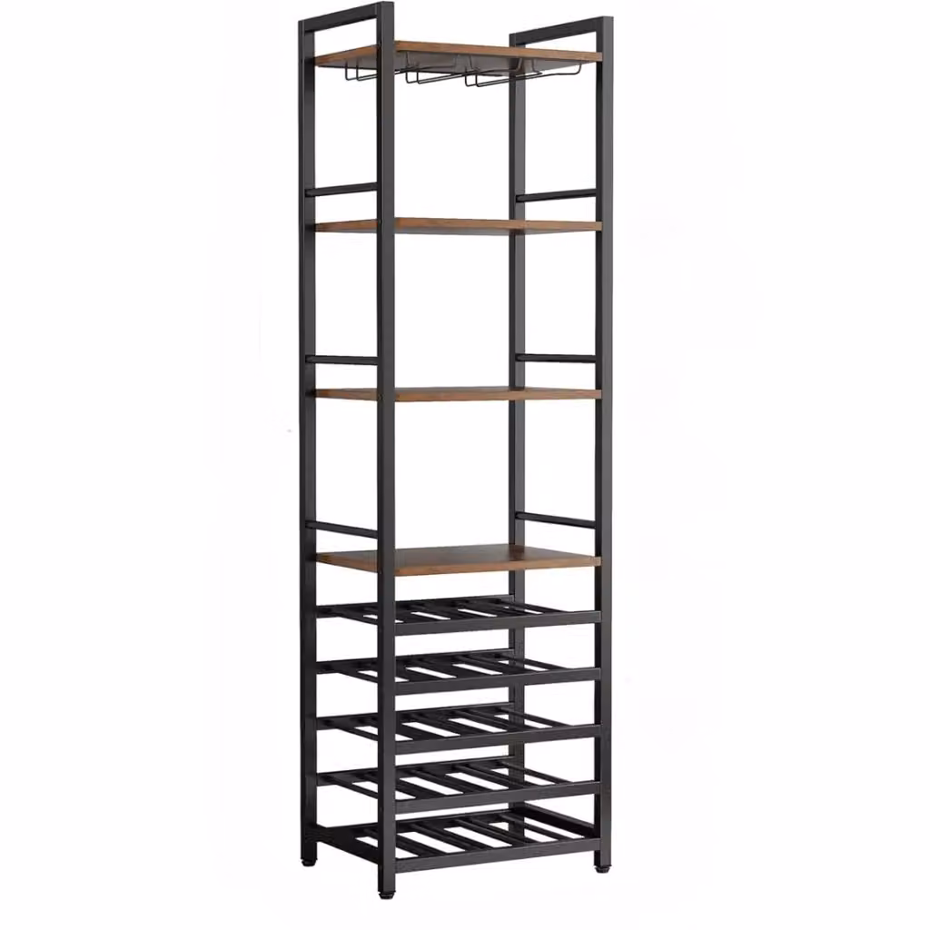 Scaffale industrial in metallo e legno con portabicchieri e porta bottiglie per cucina e sala da pranzo, multicolore nero opaco – 2