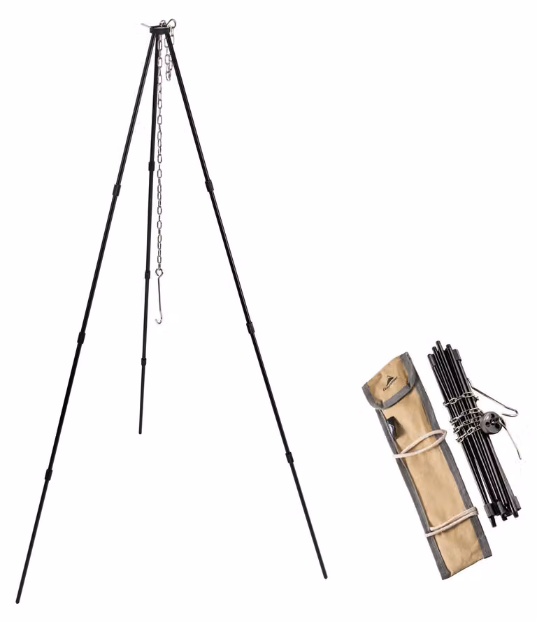 Treppiede per falò, in alluminio, alto 104 cm, con catena in acciaio inossidabile, ideale per interni ed esterni