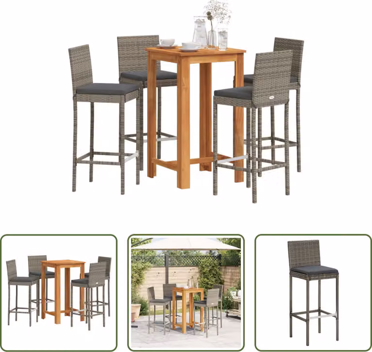 The Living Store Set bar da giardino 5 pezzi in legno massiccio di acacia e poly rattan grigio