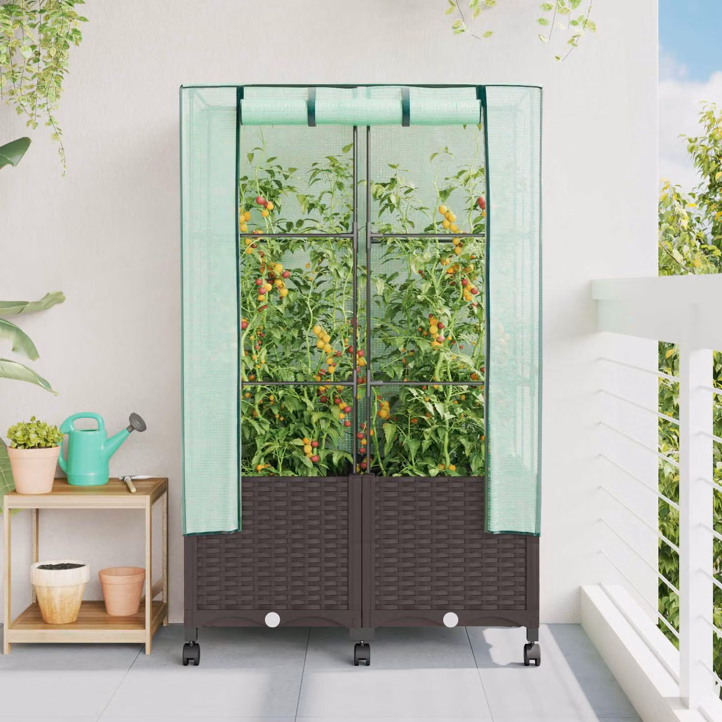 Set di 2 vasi da giardino con copertura per serra e ruote vidaXL, colore marrone, in plastica