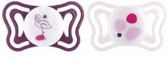 Set di 2 succhietti ortodontici Chicco in silicone per bambini dai 18 mesi in su, colori viola e bianco, senza BPA