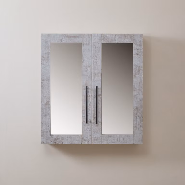Mobiletto a Specchio da 900mm x 650mm Grigio Cemento - Completo di Maniglie Moderne a Barra Cromate - Cluo