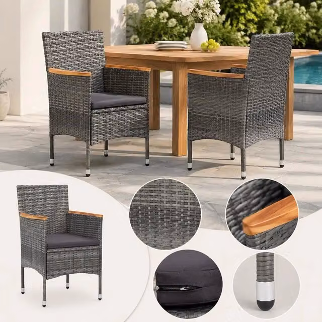 Garden Dining Chairs, Set Of 2, Poly Rattan, Grey