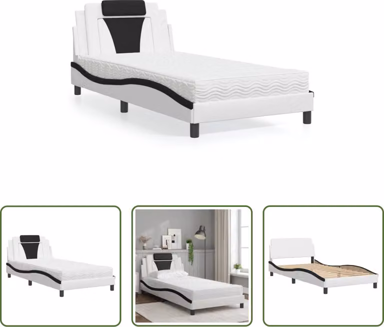 The Living Store Letto con materasso bianco e nero 100x200 cm in ecopelle