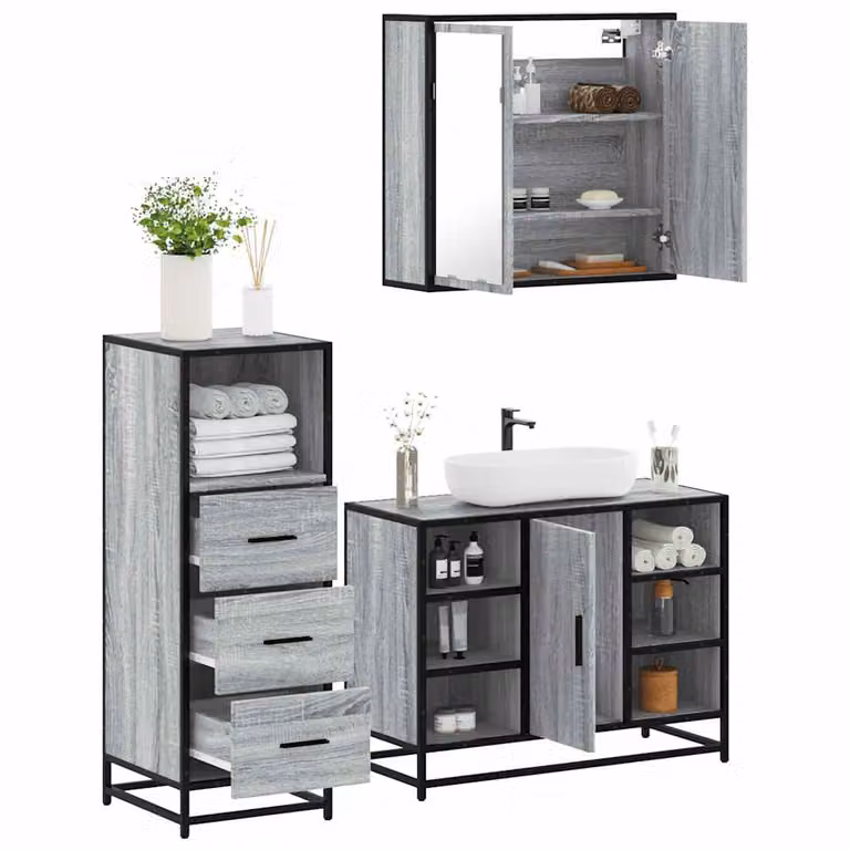 Set di mobili da bagno vidaXL 3 pezzi in stile industriale grigio con specchio, mobile lavabo e mobiletto laterale in legno e metallo