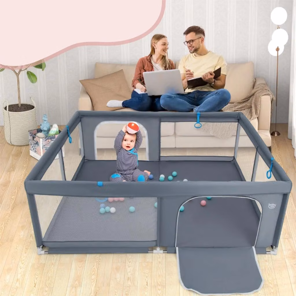 Recinto da gioco per bambini Design Mania con rete traspirante e maniglie, Grigio, L: 200 cm, P: 180 cm, H: 68 cm – 2