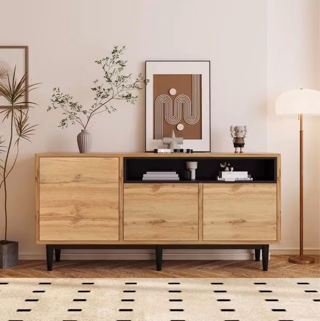 Madia moderna con ripiani regolabili 160 x 35 x 76 cm in MDF; effetto legno naturale