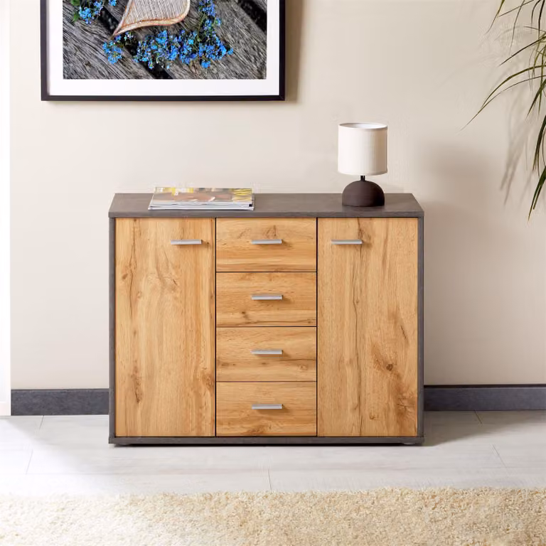 Credenza JAMIE con 2 ante e 4 cassetti, comò moderno Mobili da ufficio in cemento scuro/rovere Wotan