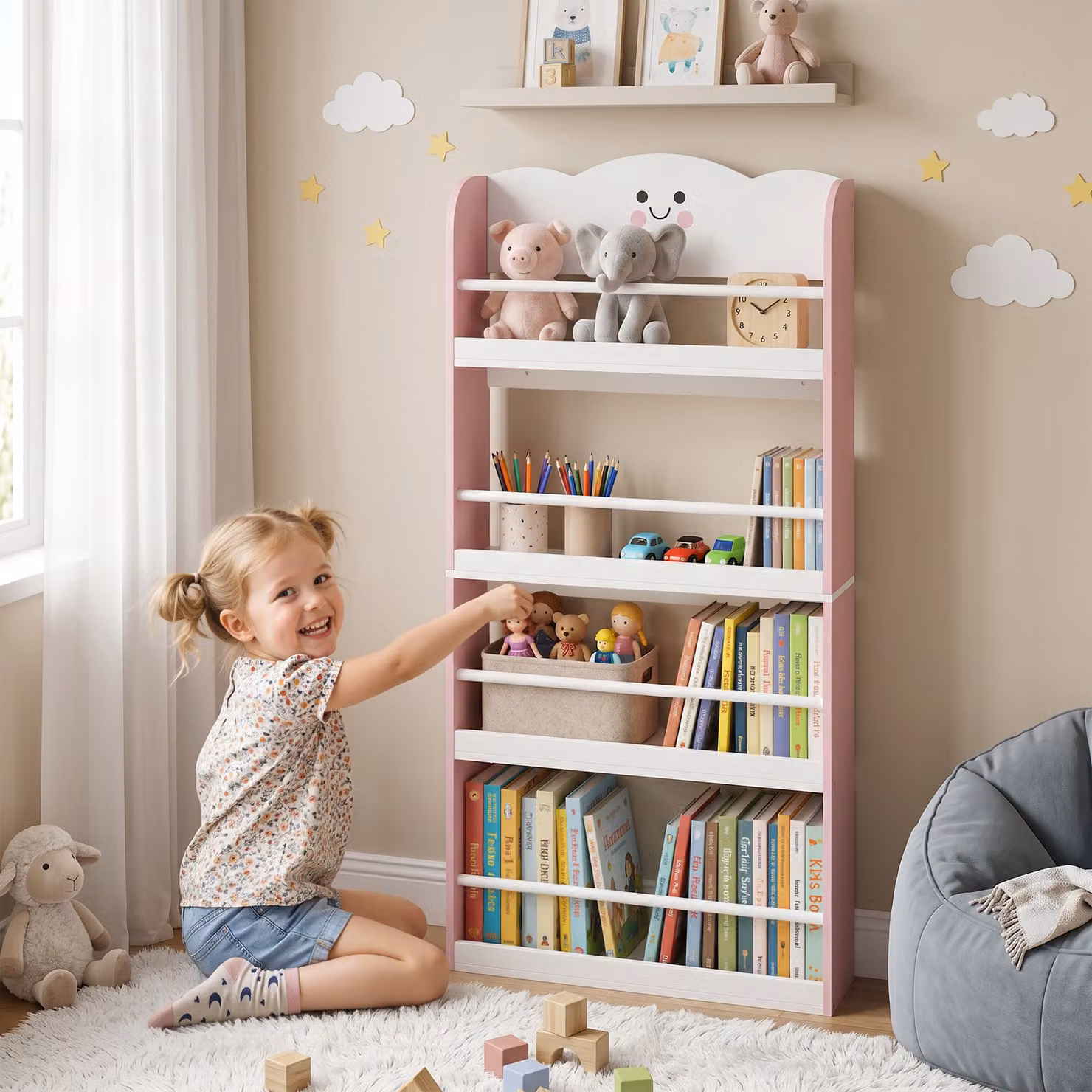 Libreria Montessoriana per Bambini AIYAPLAY con Tema Zucchero Filato, 4 Ripiani in Legno, Rosa – 2