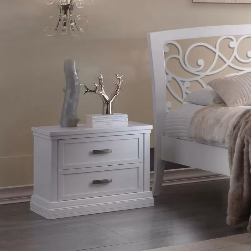 Comodino classico in legno di faggio bianco stile shabby con 2 cassetti Mobili 2G L: 63 cm, P: 39 cm, H: 54 cm – 2