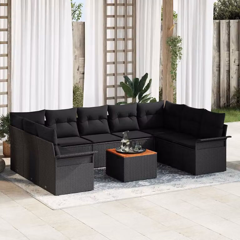 Set Divano da Giardino vidaXL 10 Pezzi Nero con Cuscini e Tavolino da Caffè in Polyrattan e Acciaio