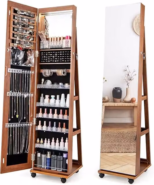 Armadio Portagioie COSTWAY con Specchio e Luci LED, Organizzatore con Ripiani Regolabili e Chiave, Marrone, L/P/H: 40 x 38 x 163 cm – 1