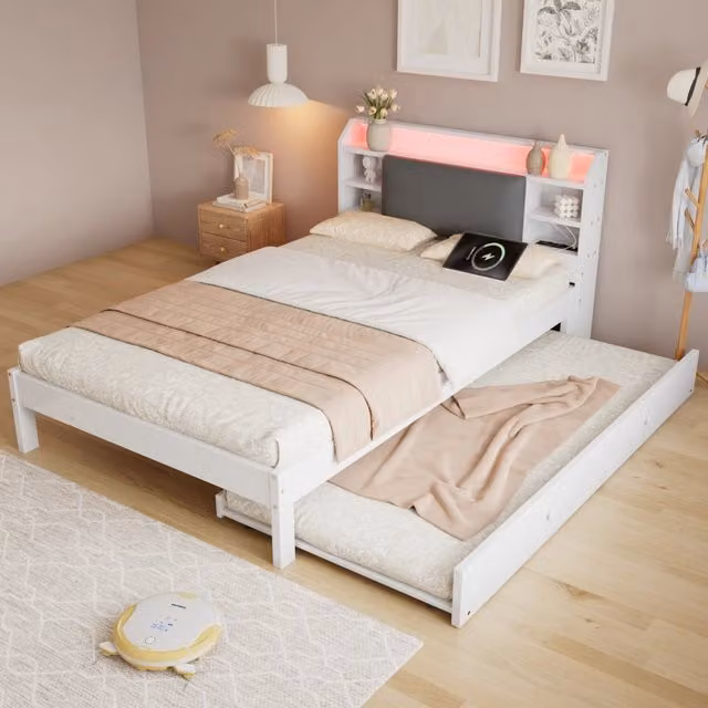 Letto estraibile 120×200 cm con secondo letto 90×190 cm, LED, mensole e stazione di ricarica, senza materassi, bianco