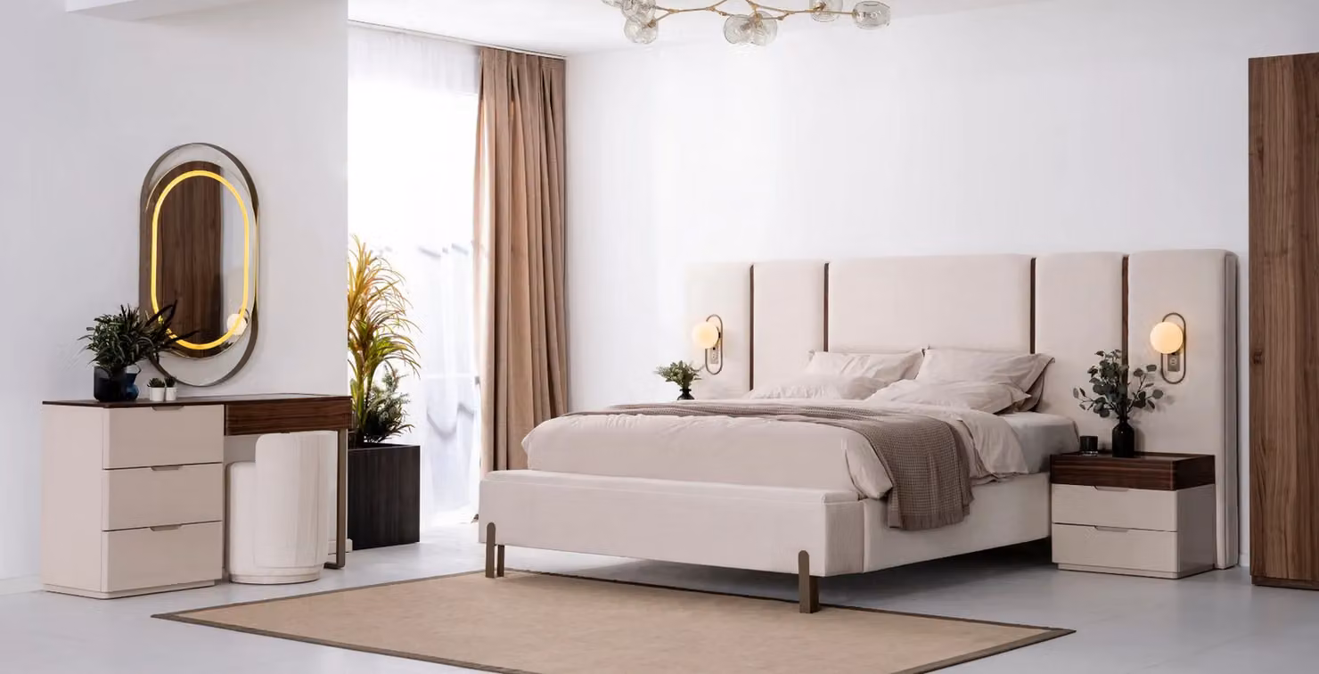 Beige Schlafzimmer Garnitur Edles Doppelbett Textil Hocker Schminktisch