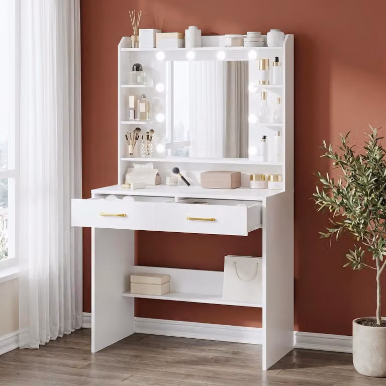 Comò con specchio, bianco, con 2 cassetti e 6 vani aperti - Mobile minimalista in legno